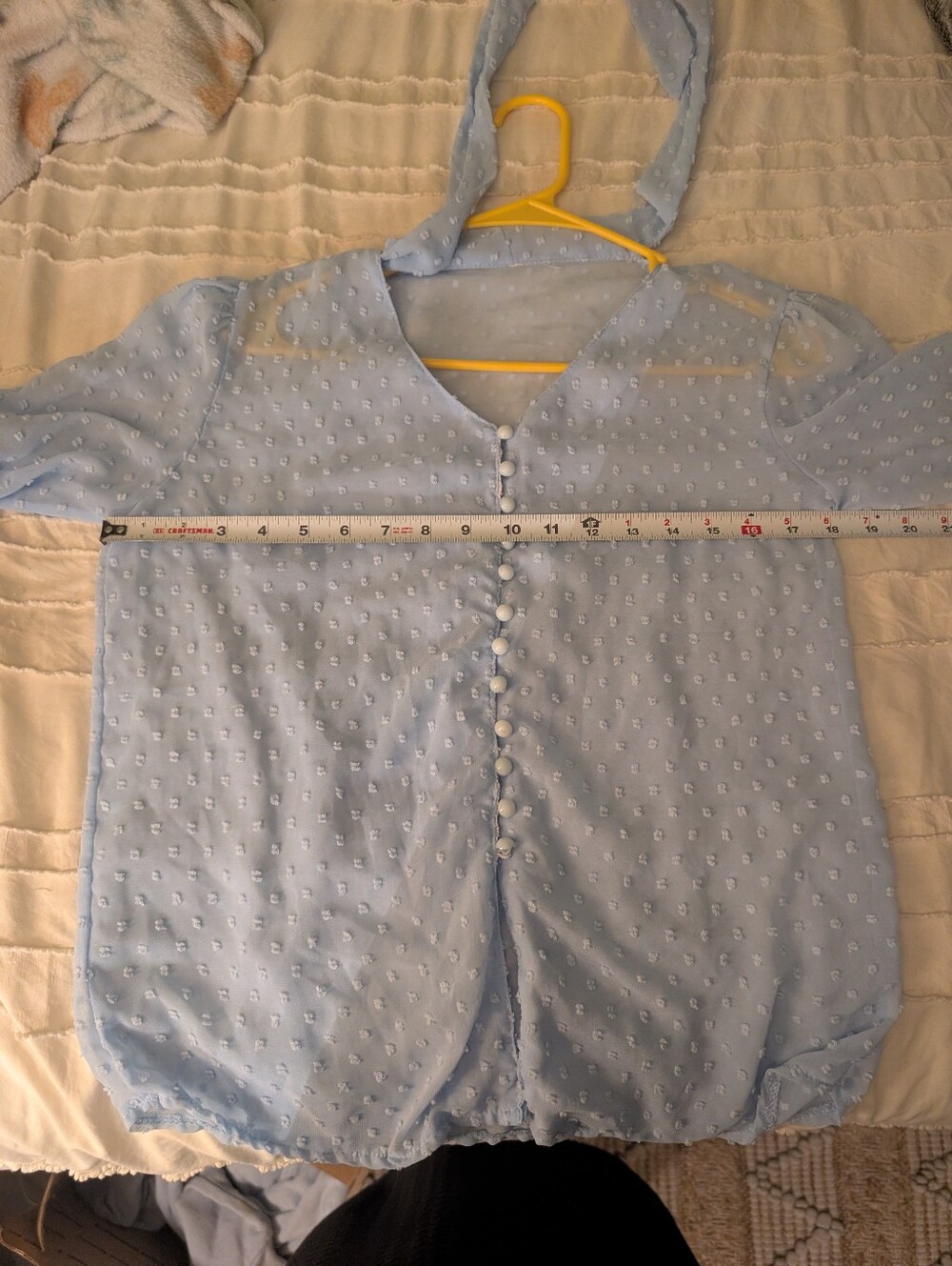 Light Blue Swiss Dot Tie-Neck Blouse - Women - Picture 5 of 7
